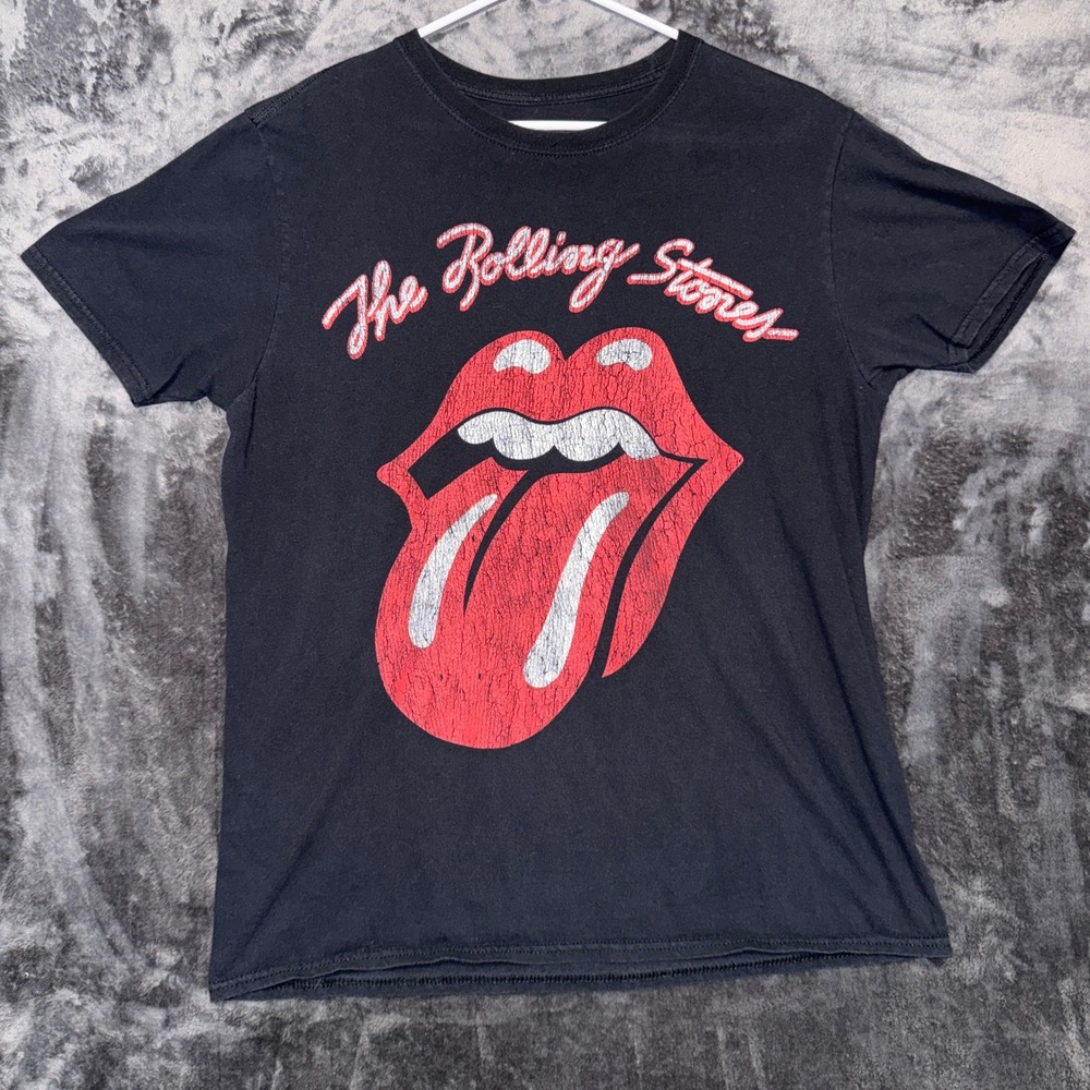 The Rolling Stones Graphic T-Shirt Black Short Sleeve Distressed Logo Mens L